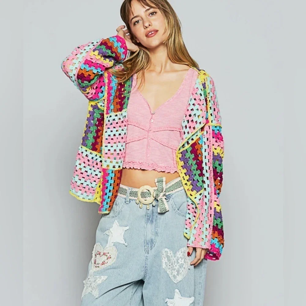 POL One Size Multicolor Crochet Women's Cardigan